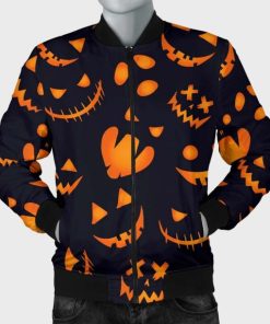 Halloween Pumpkins Pattern Black Cotton Bomber Jacket