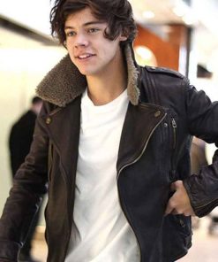 Harry Styles Fur Collar Brown Leather Jacket 1 247x296