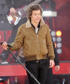 Harry Styles Fur Collar Brown Suede Leather Bomber Jacket